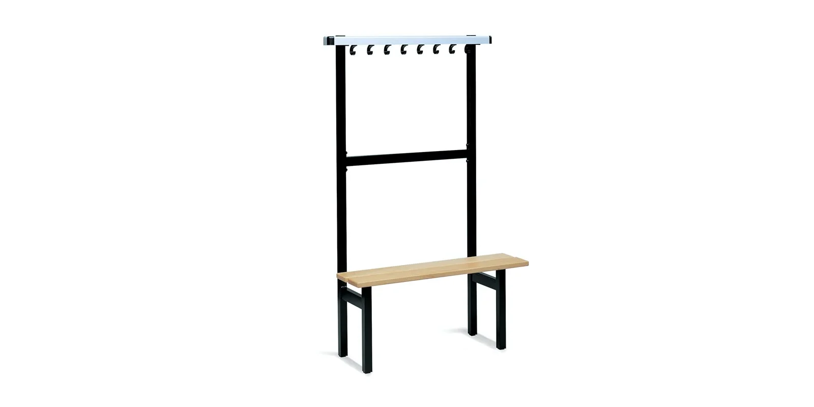 Freestanding single-sided bench with coat hooks