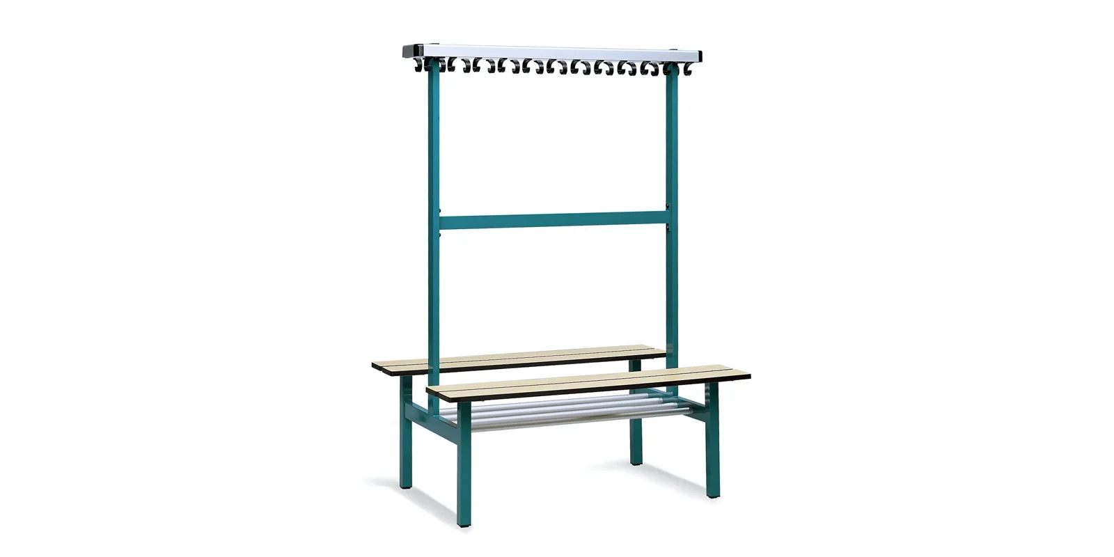 Freestanding double-sided bench with coat hooks and racks