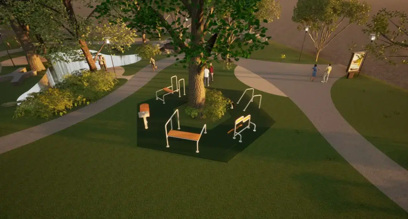 Het groene fitnesspark in cirkelconfiguratie